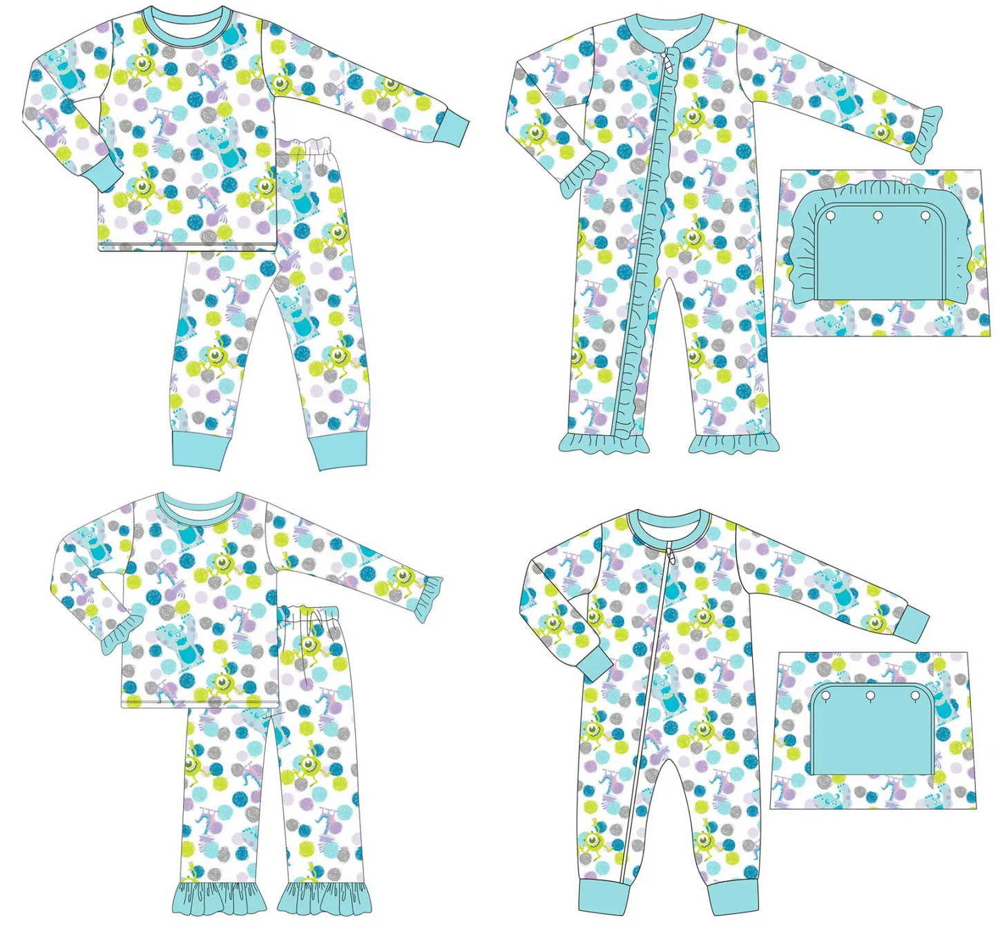 Custom moq 3 MIX SIZE  eta 7/8week moq 5 eta /4/5week Boys and girls lake blue monster and blue hair monster pattern mixed set