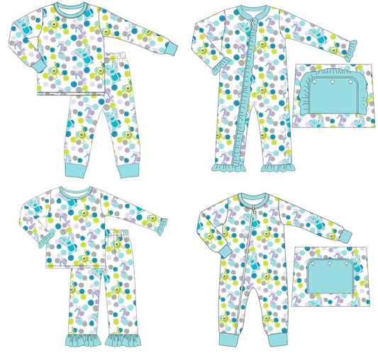 Custom moq 3 MIX SIZE  eta 7/8week moq 5 eta /4/5week Boys and girls lake blue monster and blue hair monster pattern mixed set