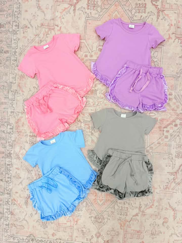 RTS summer Girls Clothes solid color Short Sleeve Shorts Set
