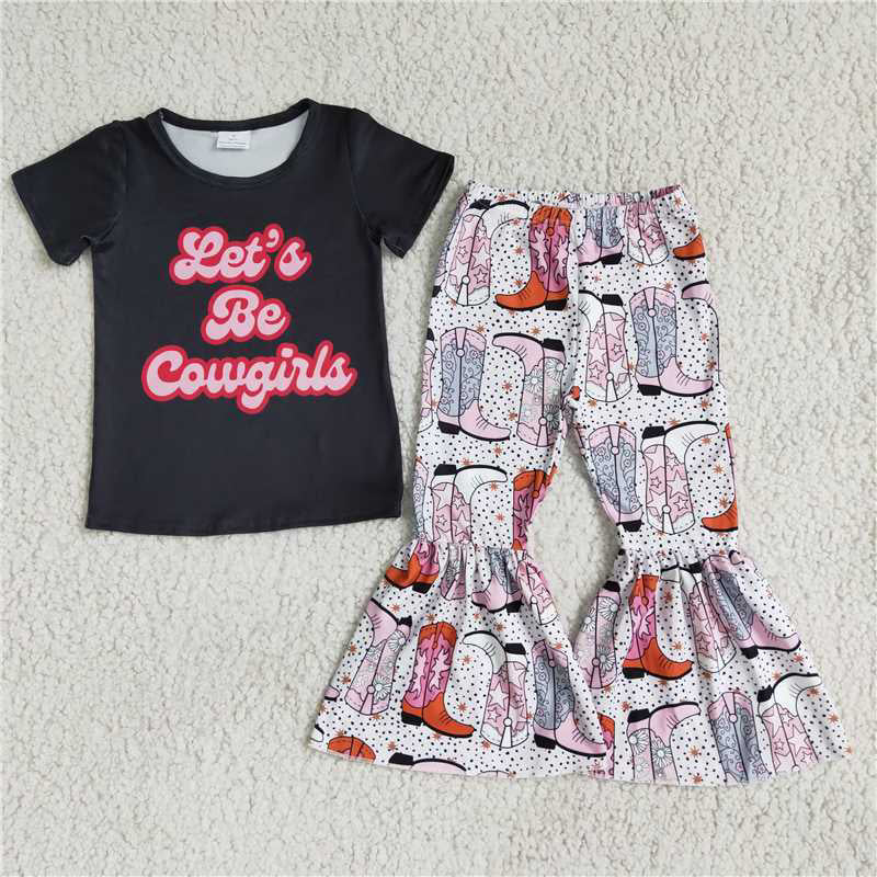 SALES NEW Girl's Black Short-Sleeve Top And Patterned Bell Pants Set Letter Print Casual Outfit for Kids