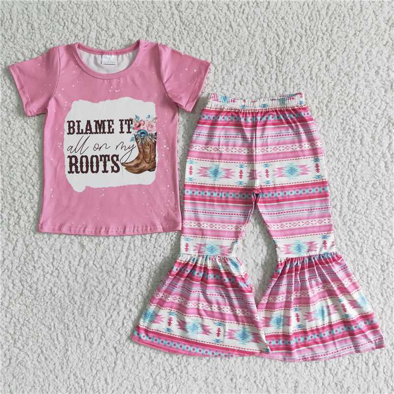 SALES NEW Baby Girls Western Pink Bell Pants Clothing Set Infant Outfit Roots Style Babywear