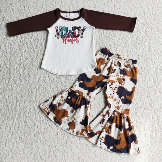 6 C8-25 Baby Girls Letter Print Brown Long Sleeve Top Bell Bottom Pants Casual Outfit Set