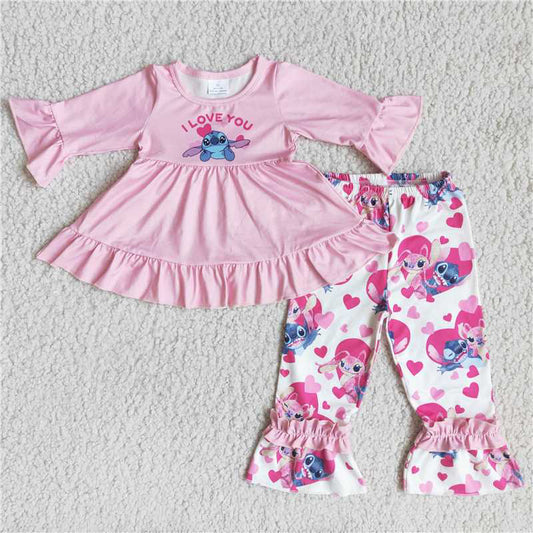 6 B1-35 Toddler Girls Pink Tunic Ruffle Pants Two Piece Casual Outfit Set