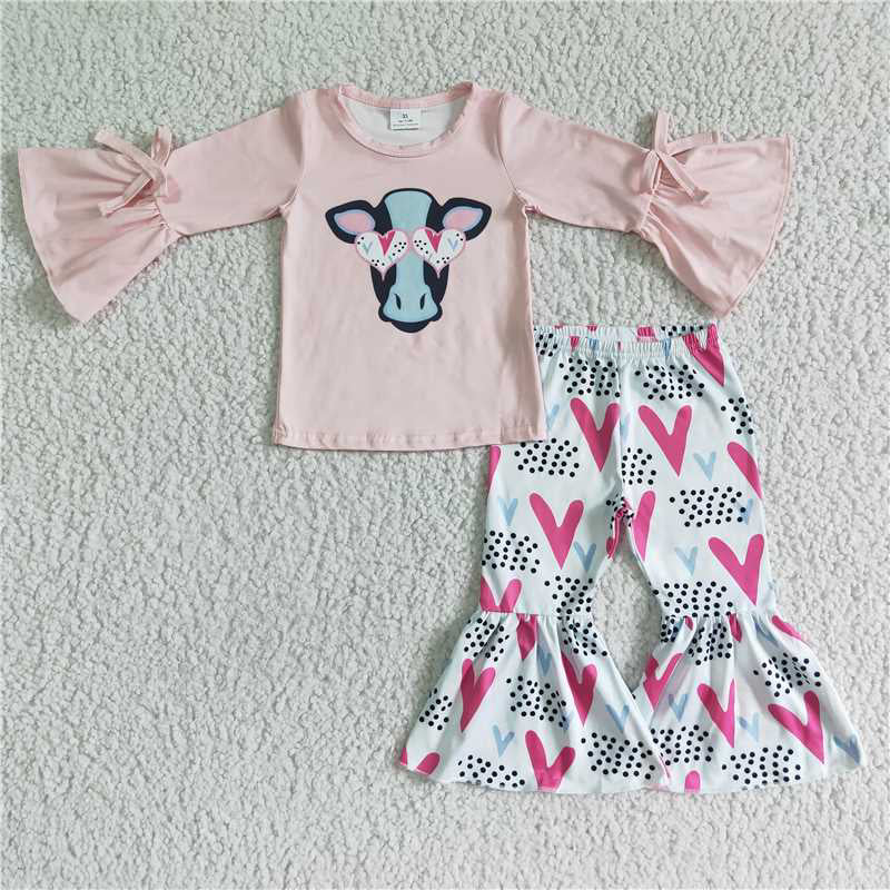 SALES  NEW Baby Girls Cow Heart Bell Pants Outfit Set Cute Animal Print Clothes Ensemble for Infants