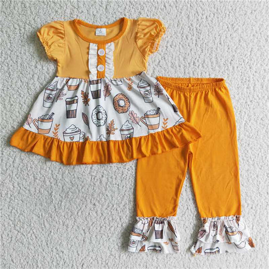 SALES NEW Baby Girls Fall Pumpkin Coffee Short Sleeve Pants Outfit Set Cute Seasonal Clothing for Infants