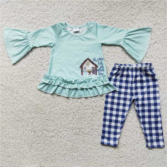 SALES  NEW Baby Blue Christmas Natividad Legging Sets for Girls Soft Cotton Clothing Toddler Kids Outfits Holiday Party Wear