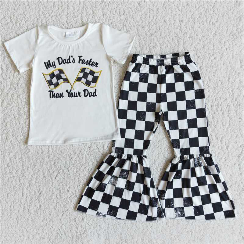 SALES NEW Baby Girls White Short-Sleeve Top And Black/White Plaid Flared Pants Outfit Set