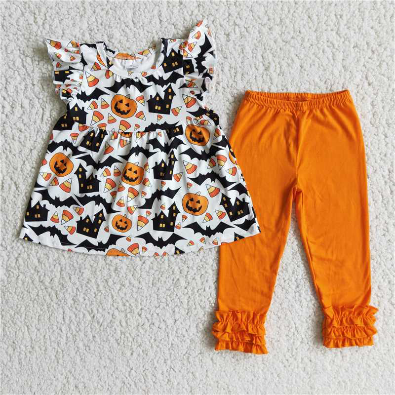 SALES NEW Baby Halloween Pumpkin Bats House Orange Legging Set Cute Themed Outfit for Infants Comfortable Clothing Set