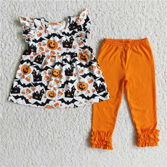 SALES NEW Baby Halloween Pumpkin Bats House Orange Legging Set Cute Themed Outfit for Infants Comfortable Clothing Set