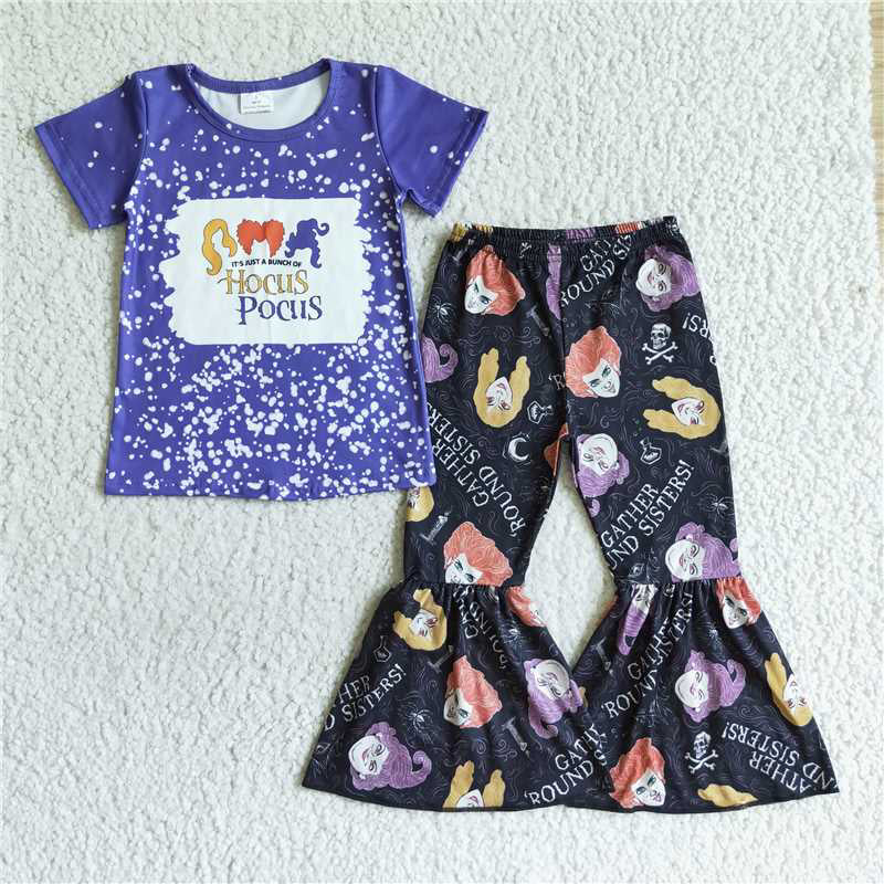 SALES NEW Baby Girls Halloween Themed Purple Top And Flare Pants Set Cute Outfit for Infants