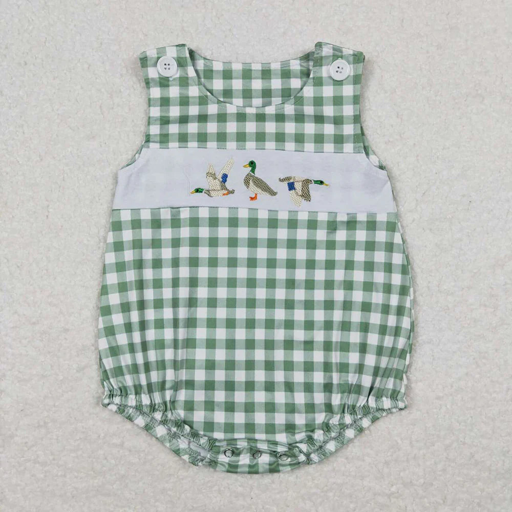 Best Sell RTS Baby Boys Green Checkered Duck Sleeveless Rompers Infant Summer Outfit Comfortable Breathable Clothing for Babies