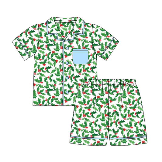 Custom moq 3 eta 6-8weeks Green Christmas Bow Tie Pattern Button-Pocket Short Sleeve Suit