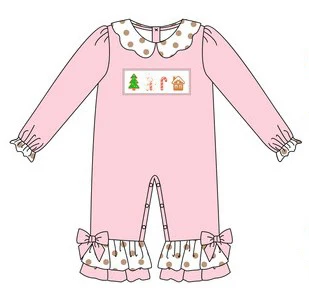 Custom moq 3 eta 6-8 weeks Embroidered Christmas elements pink baby doll collar long romper