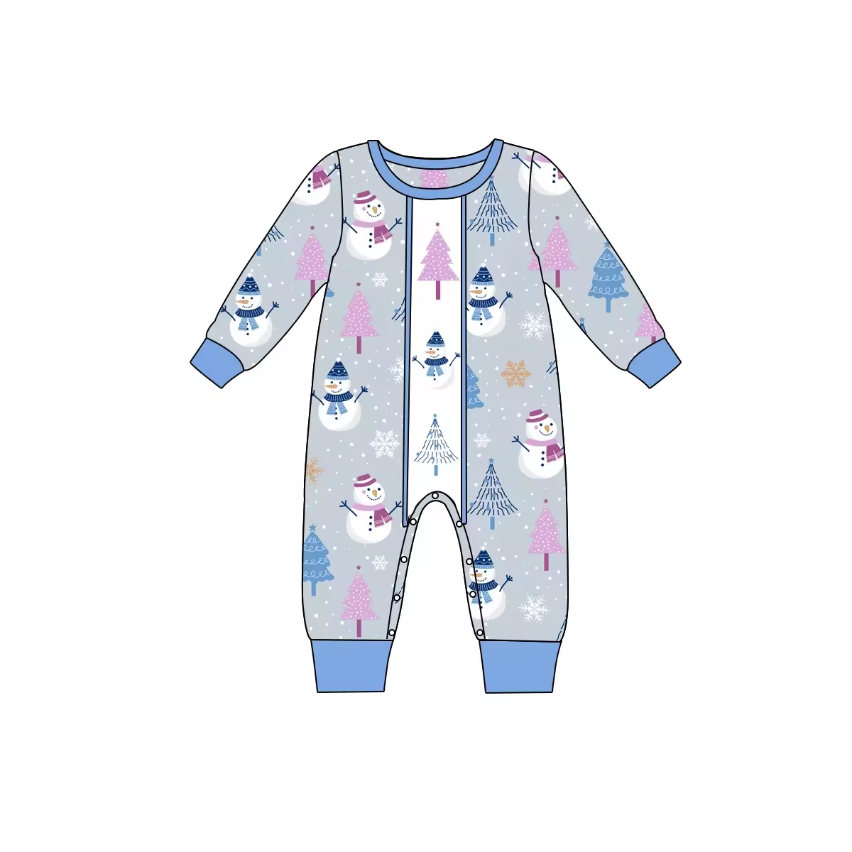 Custom moq 3 eta 6-8 weeks  Gray Blue Winter Snowman-Pine Tree Long Sleeve Climbing Suit