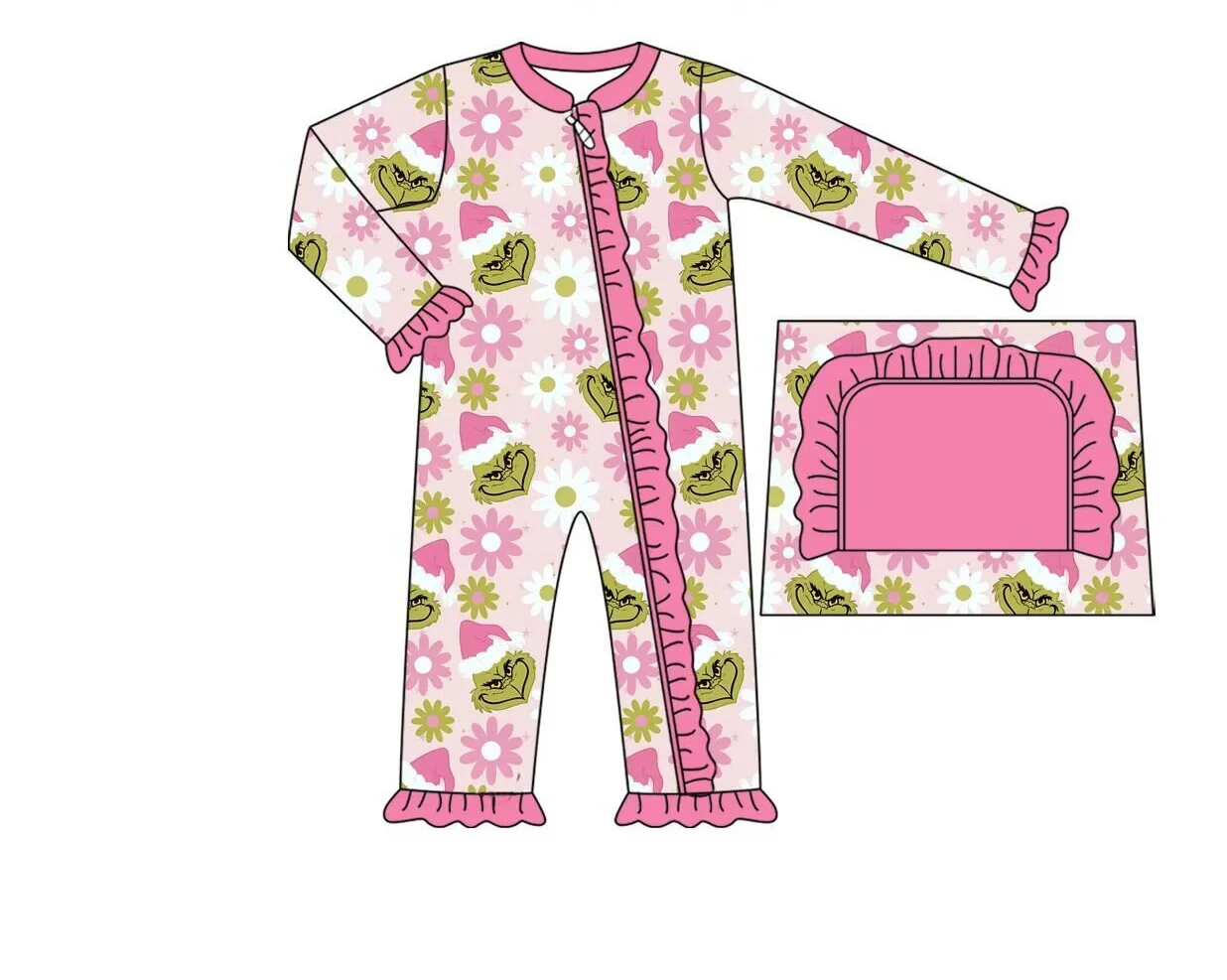 Custom moq 3 eta 6-8 weeks Pink Daisy - Squiggle Ruffled Cuffs Long Zippered Messenger Dress