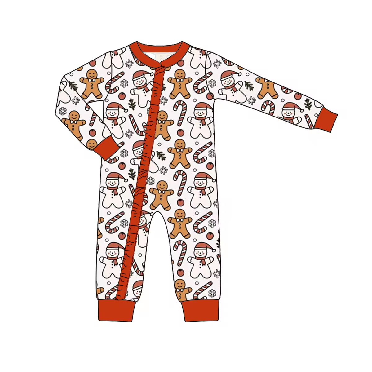 Custom moq 3 eta 6-8 weeks Christmas atmosphere long zip-up romper: brown & white biscuit bear print