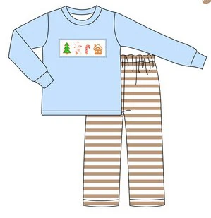 Custom moq 3 eta 6-8weeks Christmas Embroidered Sky Blue Long Sleeve Top and Brown Striped Straight Pants Set