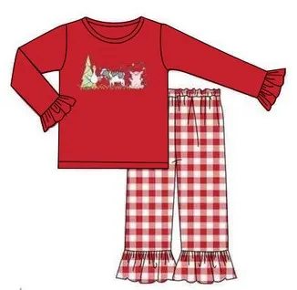 Custom moq 3 eta 6-8weeks Embroidered Animals and Trees Red Lace Cuffs Long Sleeve Top - Plaid Lace Trousers Straight Leg Pants Set