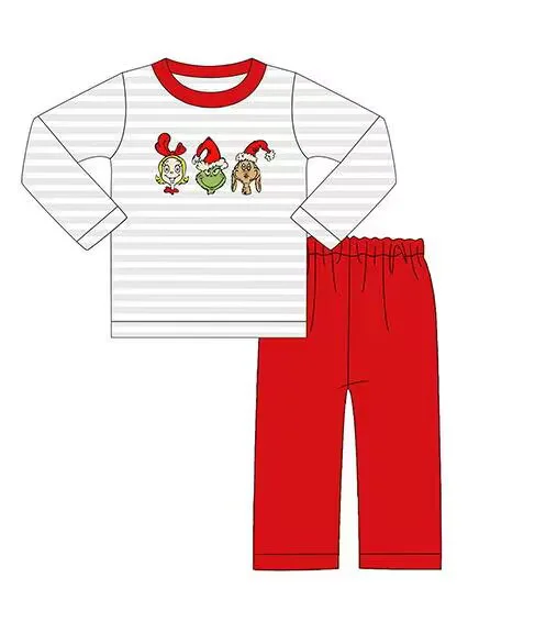 Custom moq 3 eta 6-8weeks Embroidered Christmas Character Off-White Striped Long Sleeve Top - Red Straight Pants Set