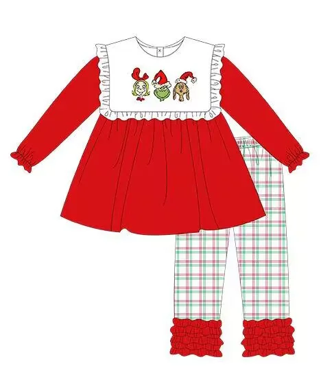 Custom moq 3 eta 6-8weeks Embroidered Christmas Character White Pleated Square Neck Red Long Sleeve Top - Red and Green Line Plaid Trousers Set