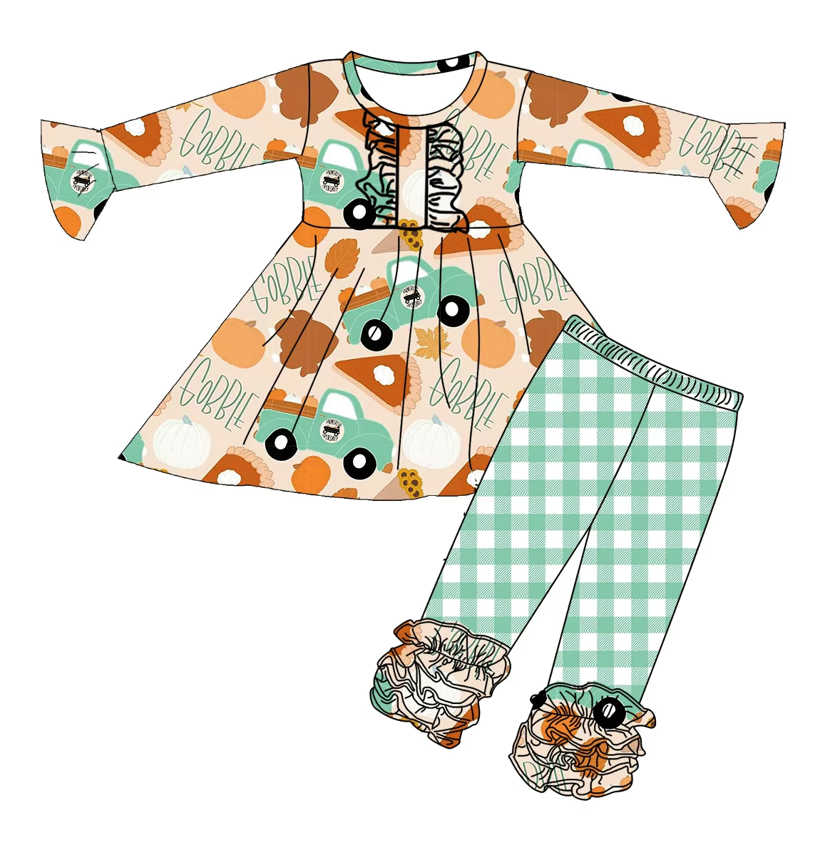 Custom moq 3 eta 6-8weeks  Pickup Truck-Pumpkin-Letter Ruffle Long Sleeve Top-Green Plaid Pants Set