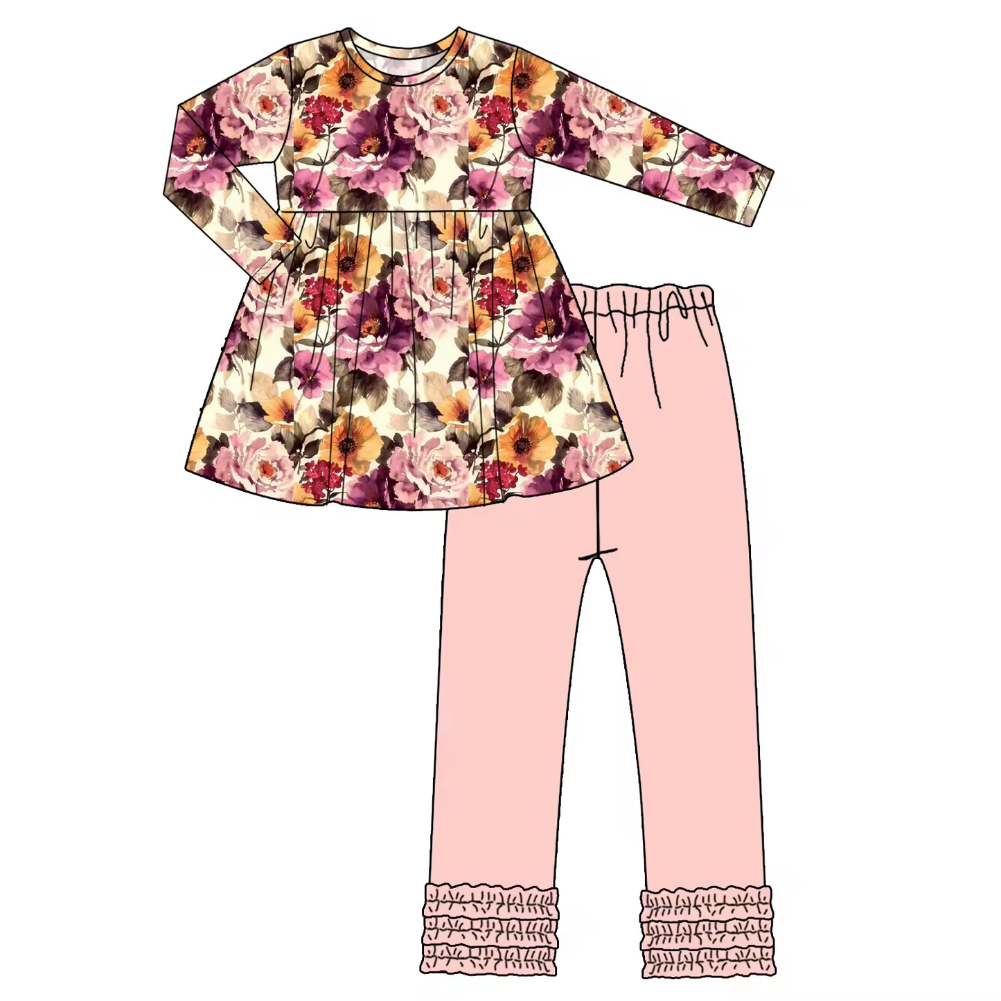 Custom moq 3 eta 6-8weeks Purple and pink rose long-sleeved top-three pink pleated trousers production suit