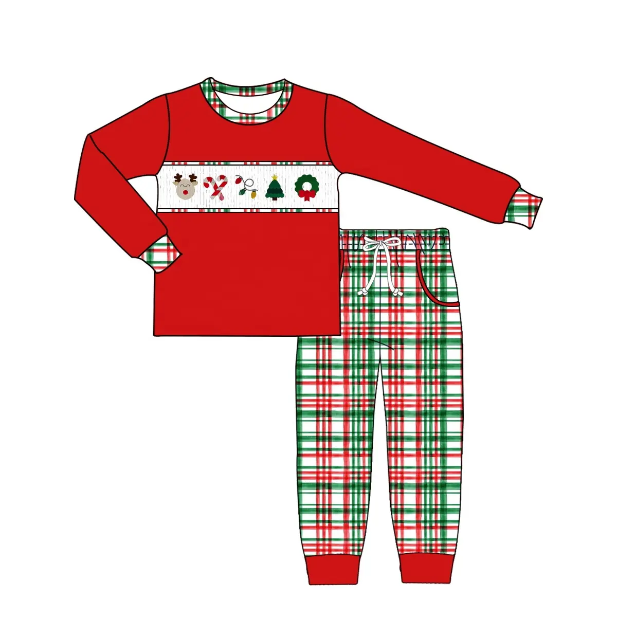 Custom moq 3 eta 7/8week moq 5 eta /4/5week Red Long Sleeve Top & Red and Green Irregular Line Plaid Pants Set