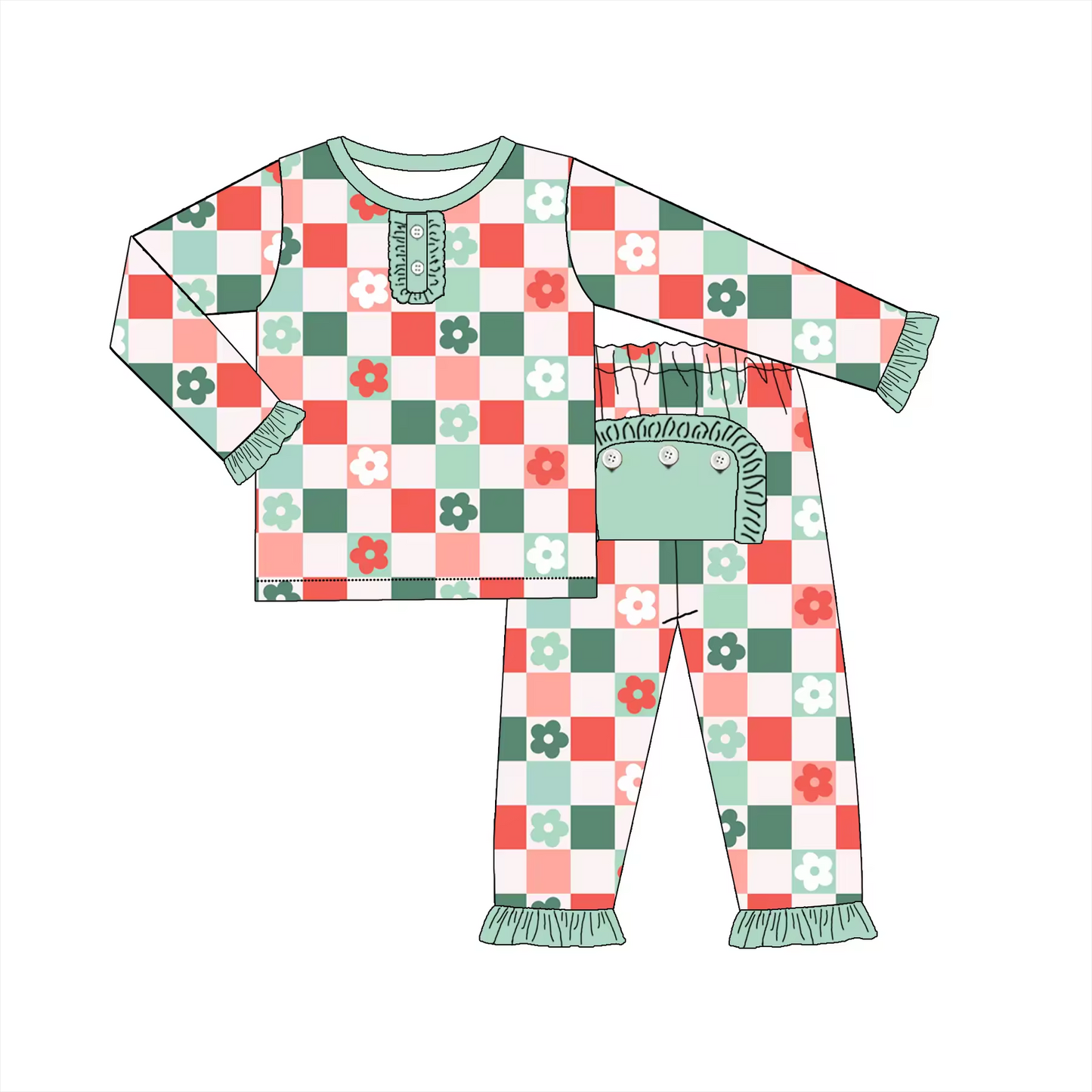 Custom moq 3 eta 6-8weeks Red-green-pink-beige four-color plaid floral long-sleeved suit