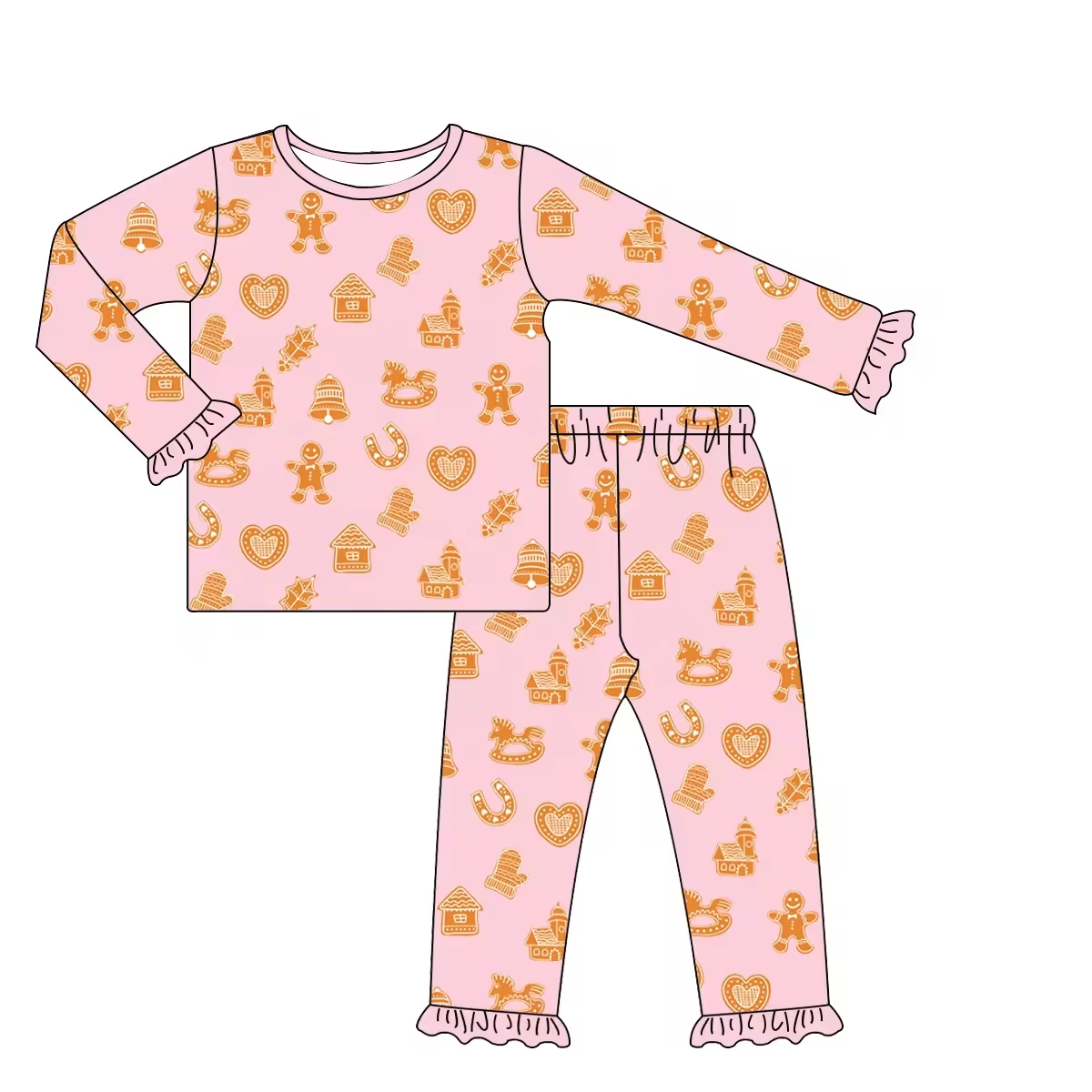 Custom moq 3 eta 6-8 weeks Brown Biscuit Bear-House-Heart Pattern Pink Long Sleeve Suit