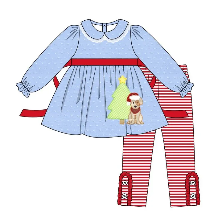 Custom moq 3 eta 6-8 weeks Embroidered Puppy Christmas Tree Pattern-Blue Hollow Lace Doll Collar Long Sleeve Top-Red Striped Pants Set