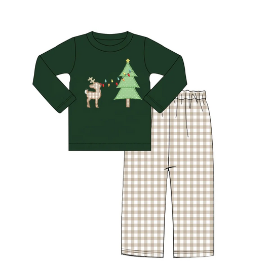 Custom moq 3 eta 7/8week moq 5 eta /4/5week Embroidered Christmas Tree and Elk Dark Green Long Sleeve Top & Brown and White Plaid Pants Set