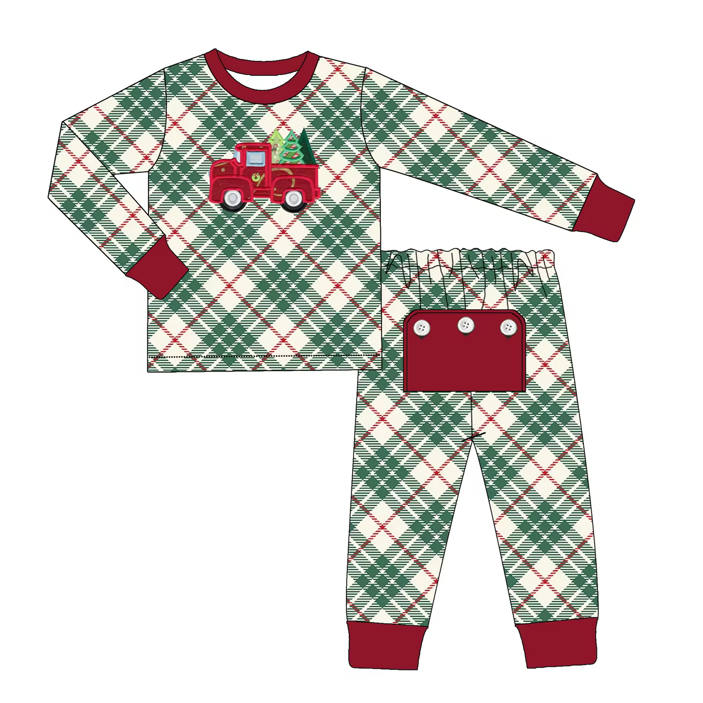 Custom moq 3 eta 6-8 weeks Green Line Plaid Long Sleeve Suit with Embroidered Train Pattern