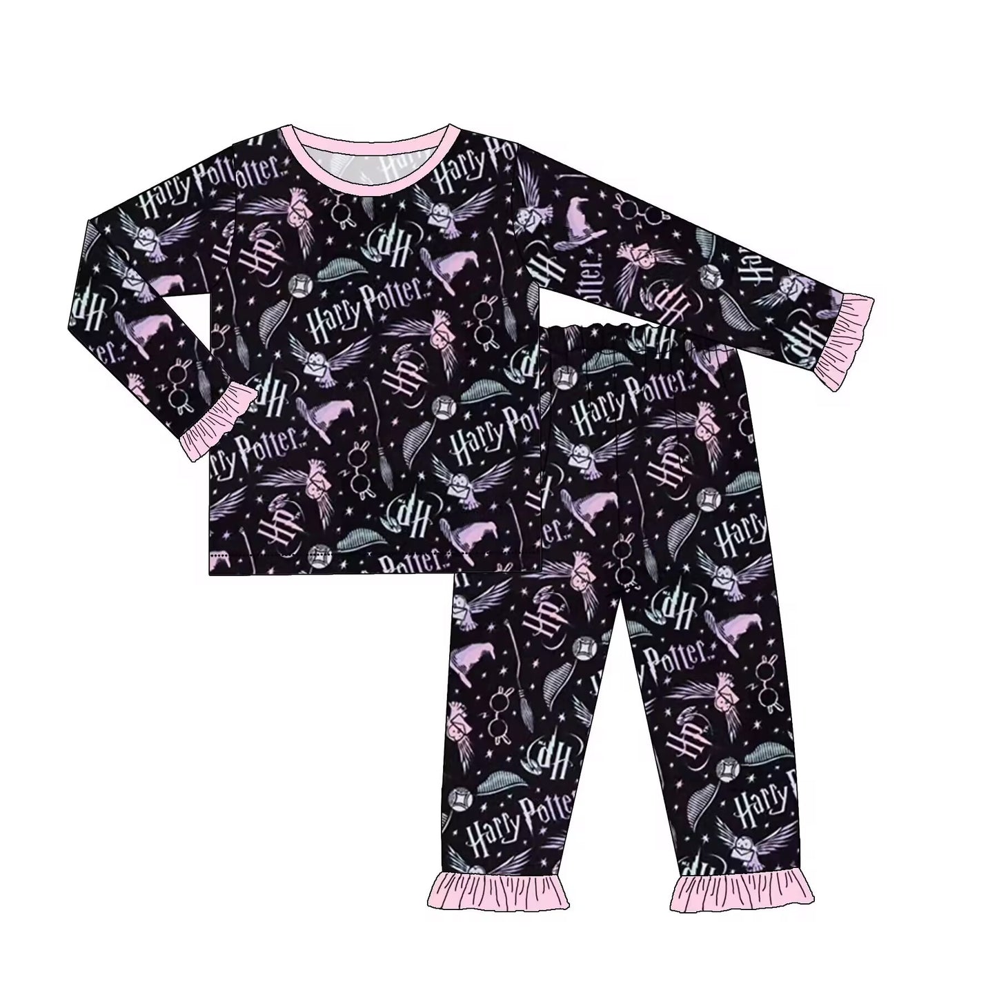 Custom moq 3 eta 6-8weeks Black and pink letter pigeon ruffled cuffs long sleeve suit