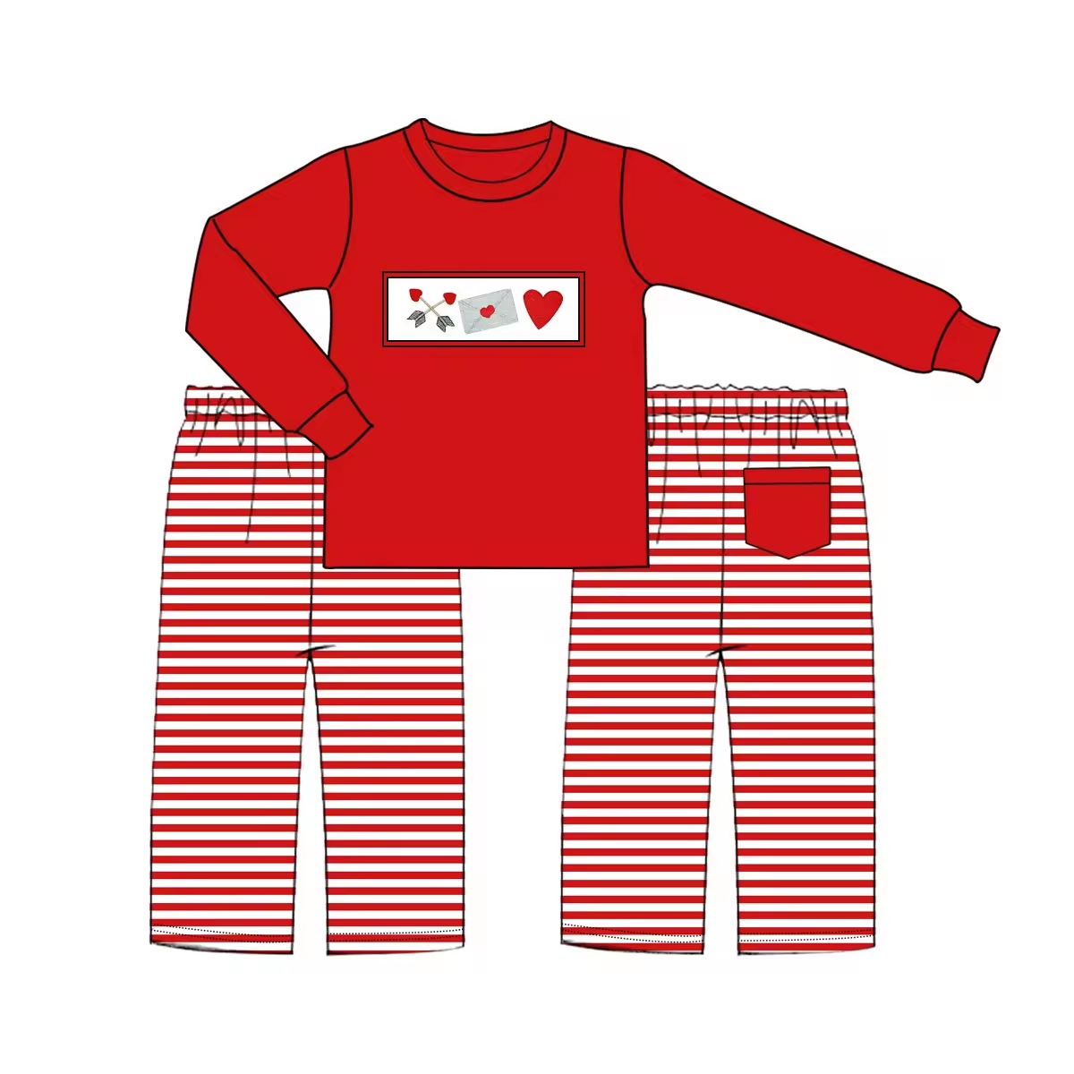 Custom moq 3 eta 6-8weeks Embroidered love arrow-envelope long-sleeved top-red striped trousers set (trousers with pockets)