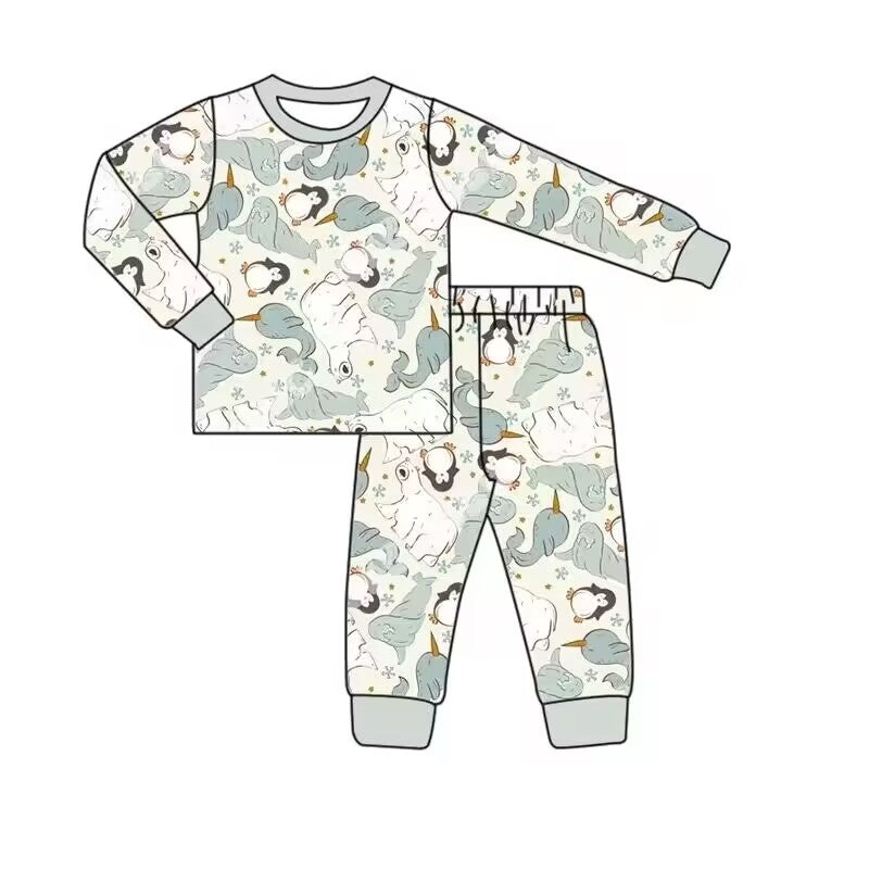 Custom moq 3 eta 6-8weeks Light grey green long-sleeved suit with penguin, dolphin and polar bear pattern