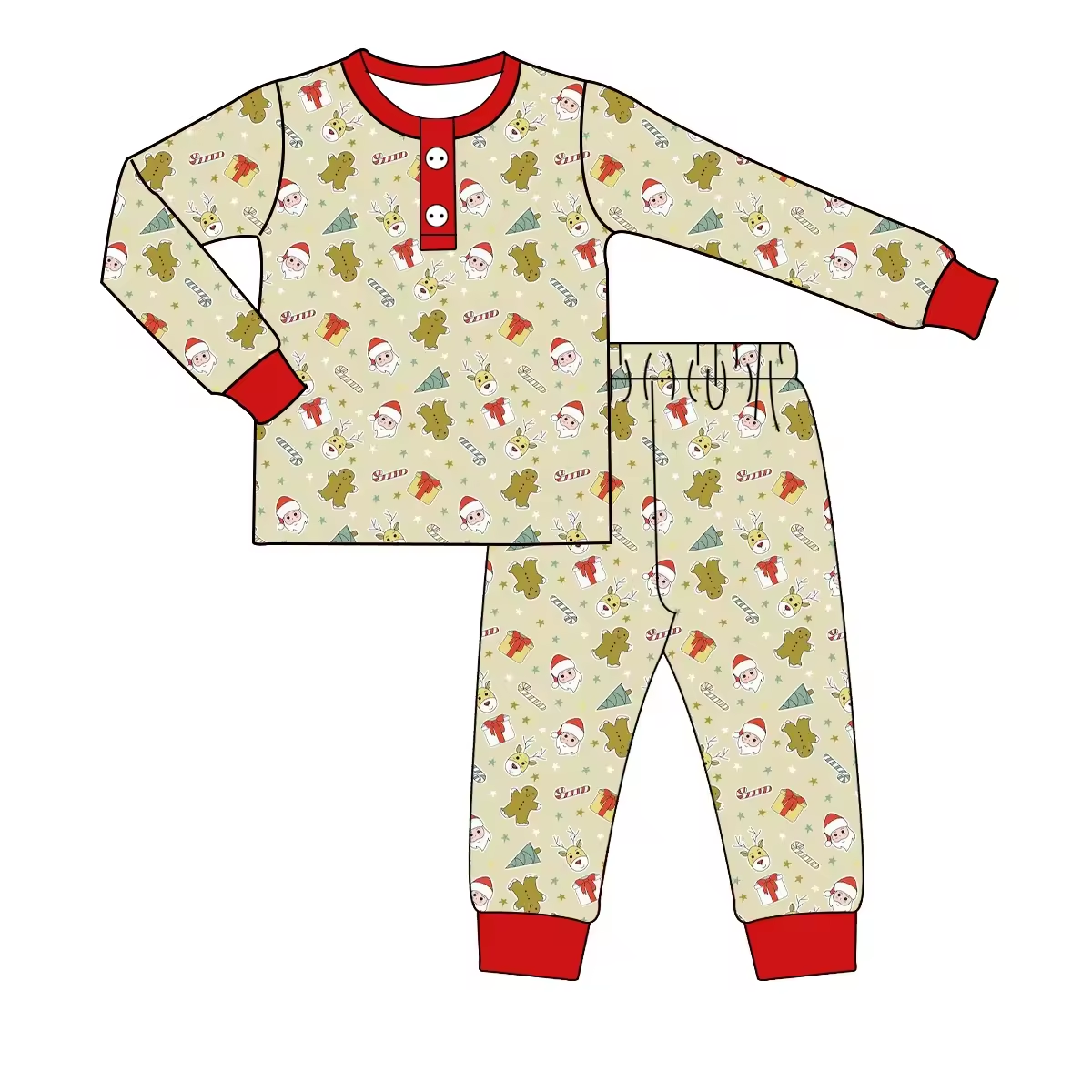 Custom moq 3 eta 6-8 weeks Green Cookie Bear-Santa Claus Pattern Button Pullover Long Sleeve Suit