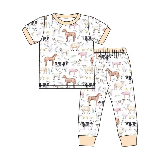 Custom moq 3 eta 7/8week moq 5 eta /4/5week Beige short-sleeved trousers suit with livestock animal prints