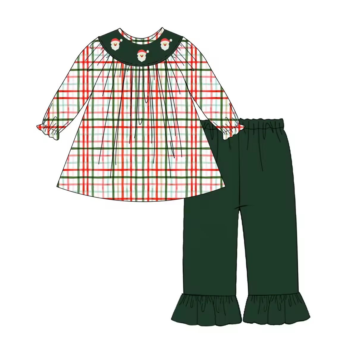 Custom moq 3 eta 6-8 weeks Embroidered Santa Claus Red-Green-Blue Plaid Long Sleeve Top and Dark Green Pants Set
