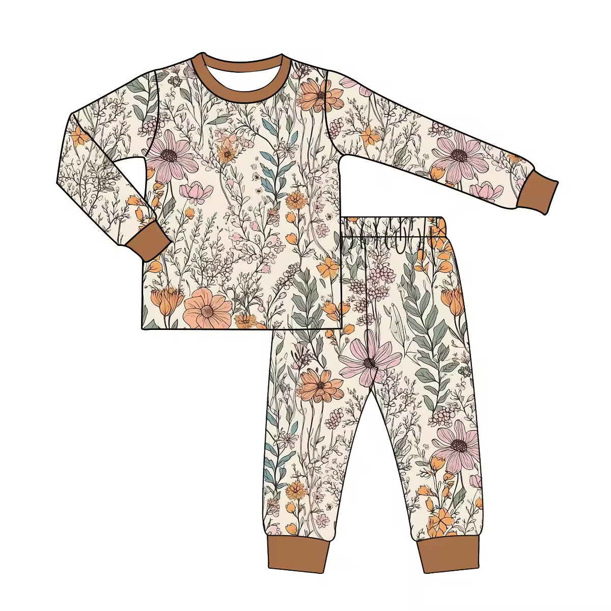 Custom moq 3 eta 6-8 weeks Brown long-sleeved suit with hand-painted flowers and leaves