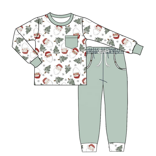 Custom moq 3 eta 7/8week moq 5 eta /4/5week  Gray Green Christmas Tree & Santa Claus White Pocket Long Sleeve Gray Green Pants Set