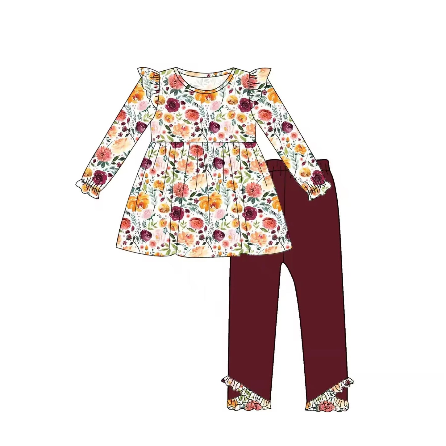 Custom moq 3 eta 6-8weeks  Floral flying sleeve shoulder design long-sleeved top-red brown trousers set