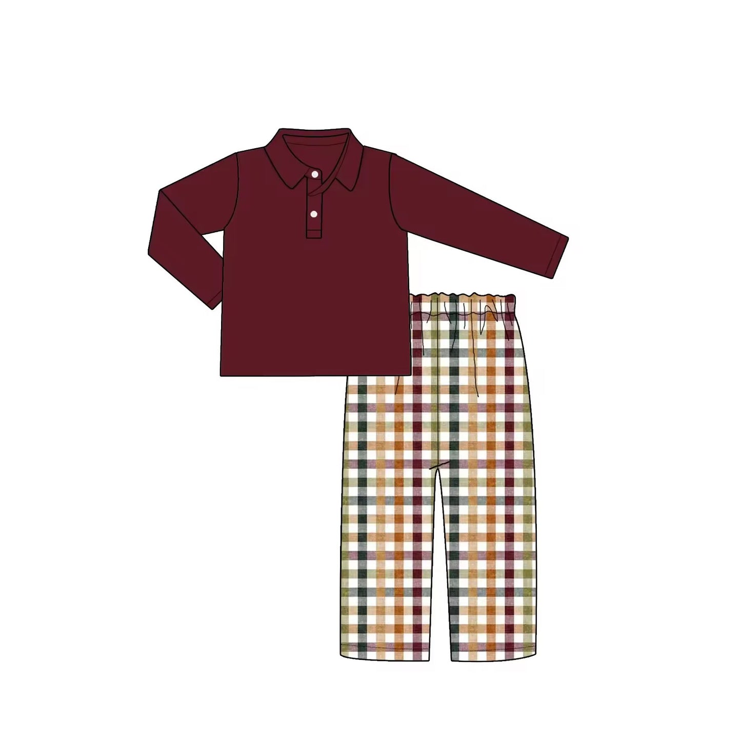 Custom moq 3 eta 6-8weeks Dark Red Button Pullover Long Sleeve Top - Plaid Straight Pants Set