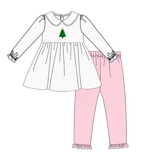 Custom moq 3 eta 7/8week moq 5 eta /4/5week  White long-sleeved top with embroidered Christmas tree doll collar & pink trousers set