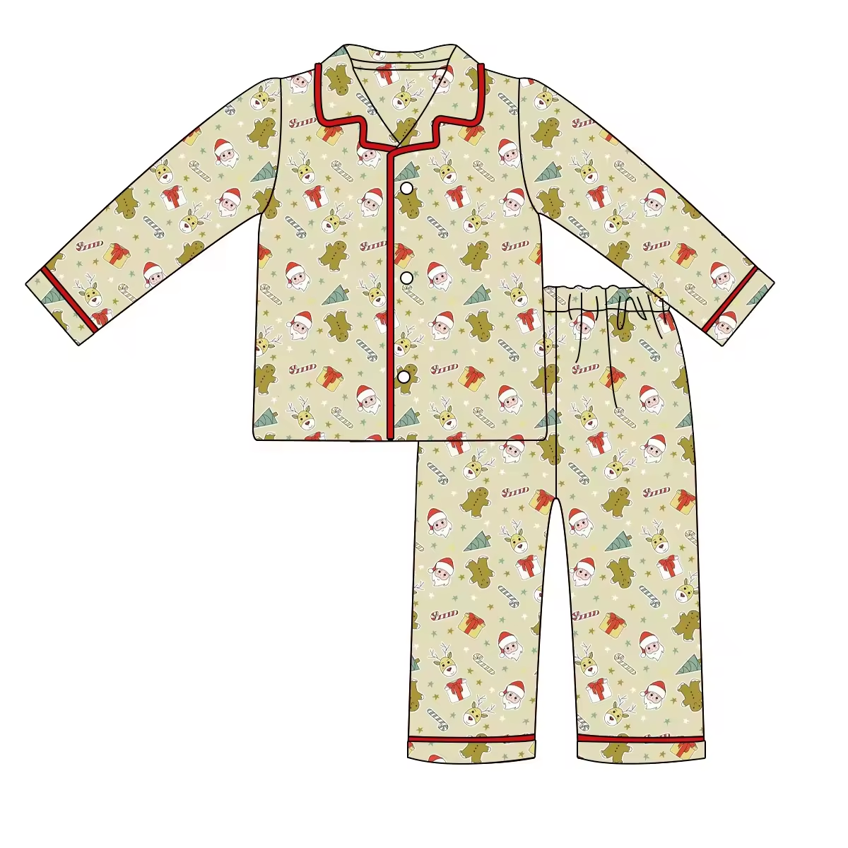 Custom moq 3 eta 6-8 weeks Green Cookie Bear-Santa Claus Pattern Button Stand Collar Long Sleeve Suit