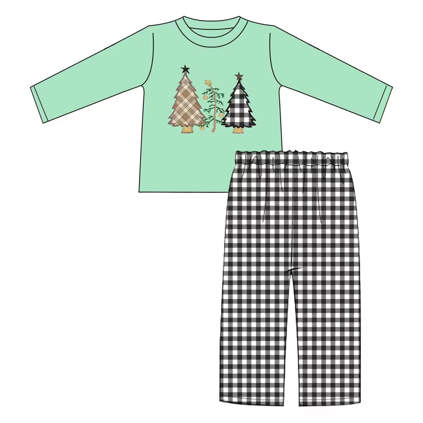 Custom moq 3 eta 6-8weeks Embroidered Christmas Tree Light Green Long Sleeve Top - Black and White Plaid Straight Pants Set