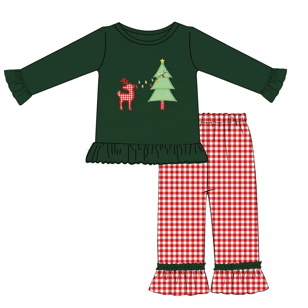 Custom moq 3 eta 7/8week moq 5 eta /4/5week Embroidered Christmas Tree and Elk Dark Green Pleated Cuff Long Sleeve Top & Red and White Plaid Pants Set