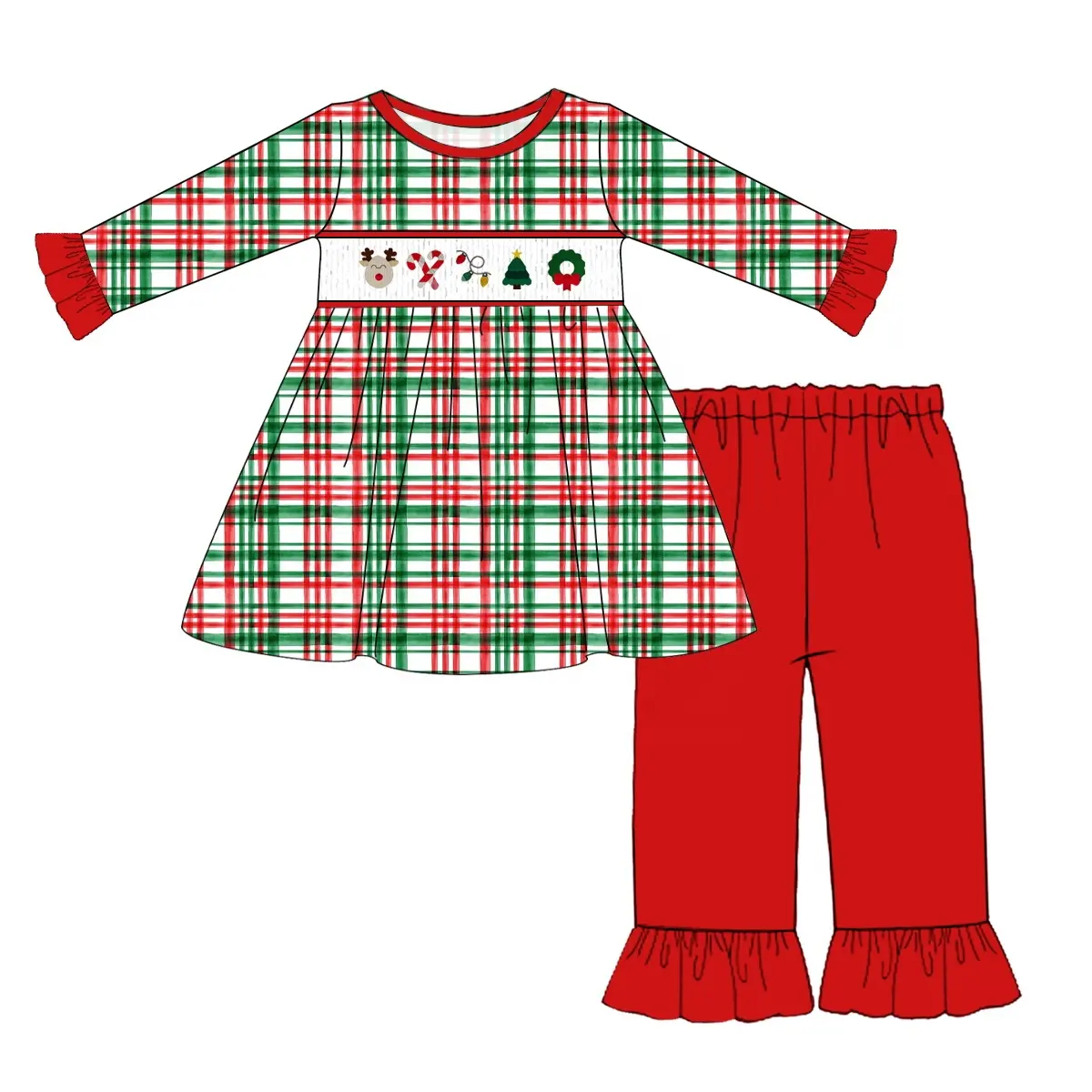 Custom moq 3 eta 7/8week moq 5 eta /4/5week Red and Green Irregular Line Plaid Ruffle Cuff Long Sleeve Top & Red Pants Set