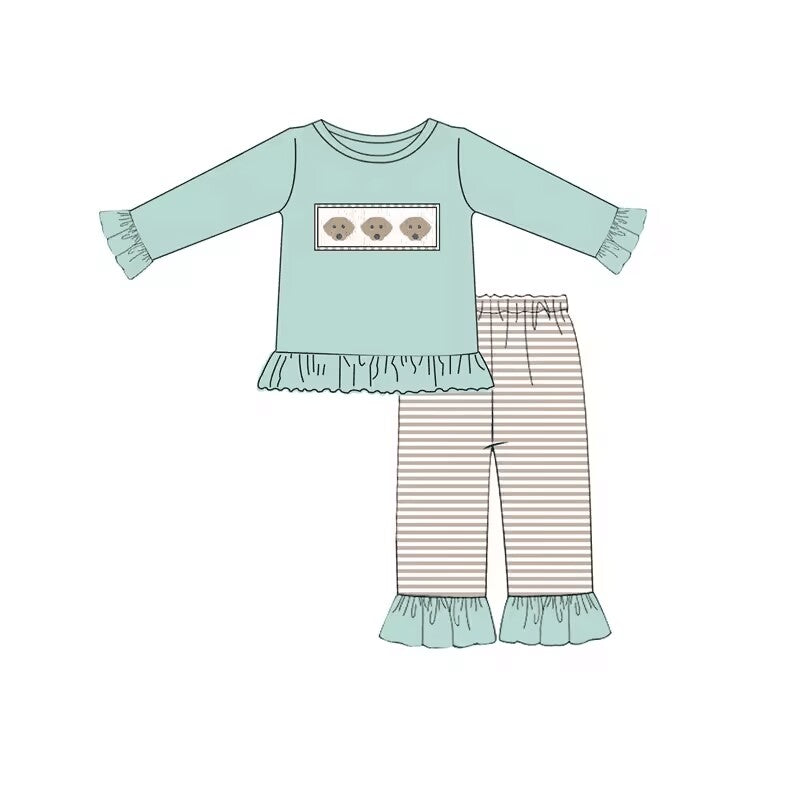 Custom moq 3 eta 6-8weeks Embroidered Three Puppies Light Green Lace Cuffs Long Sleeve Top - Brown Striped Pants Set