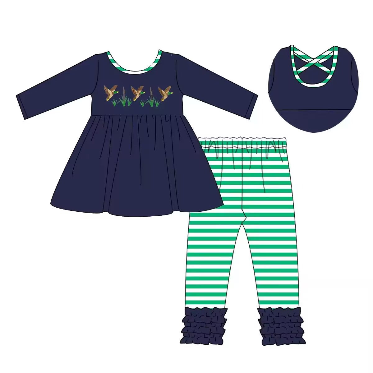 Custom moq 3 eta 6-8weeks Embroidered Flying Duck Long Sleeve Top-Green Striped Pants Set