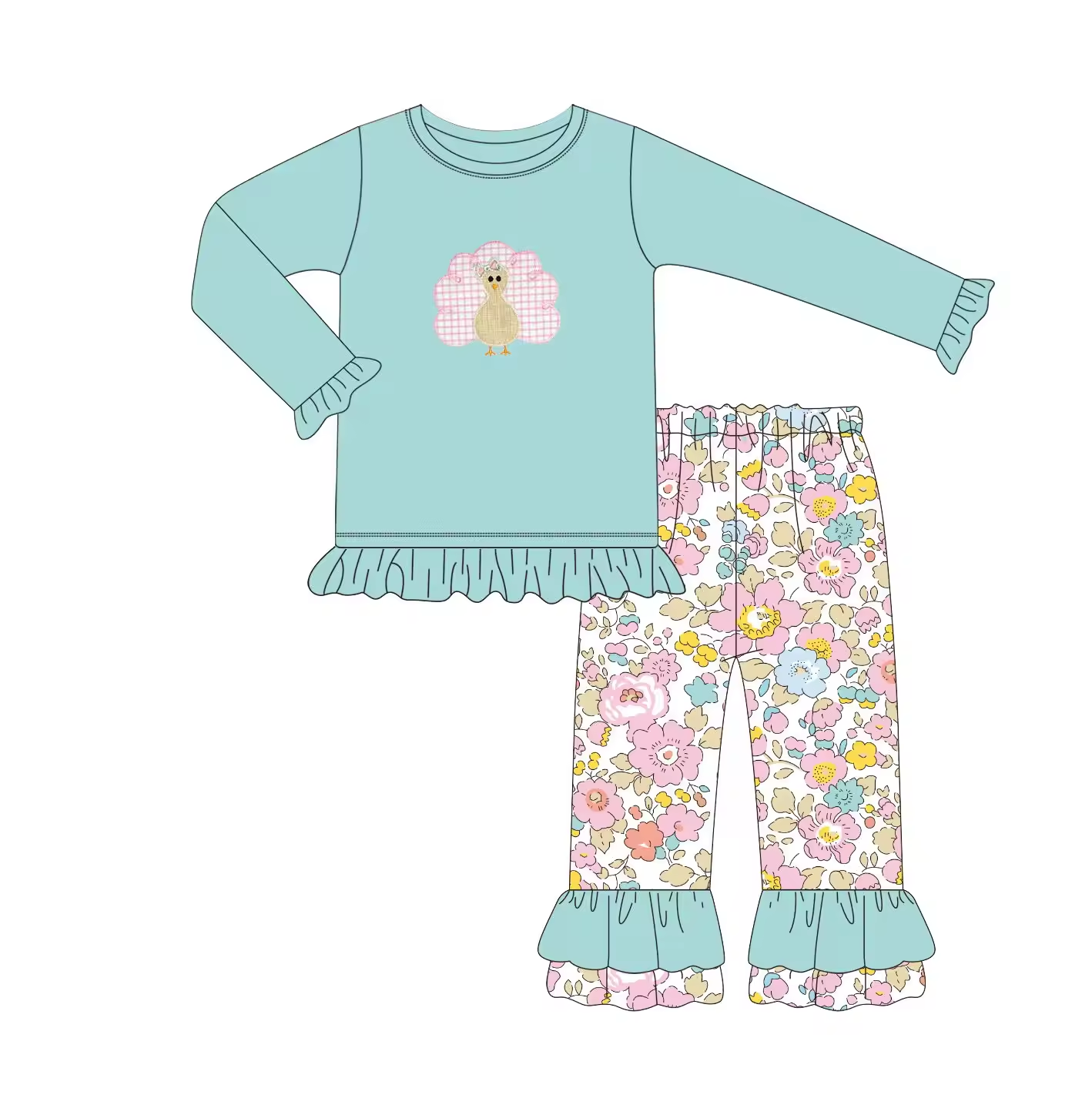 Custom moq 3 eta 6-8weeks  Embroidered Turkey Light Lake Blue Ruffled Cuffs Long Sleeve Top-Rose Flower Pants Set